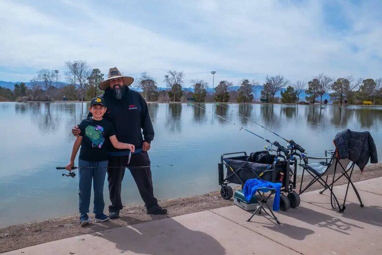 Father and son weekend fishing trip after choosing their beginner fishing rod and reel