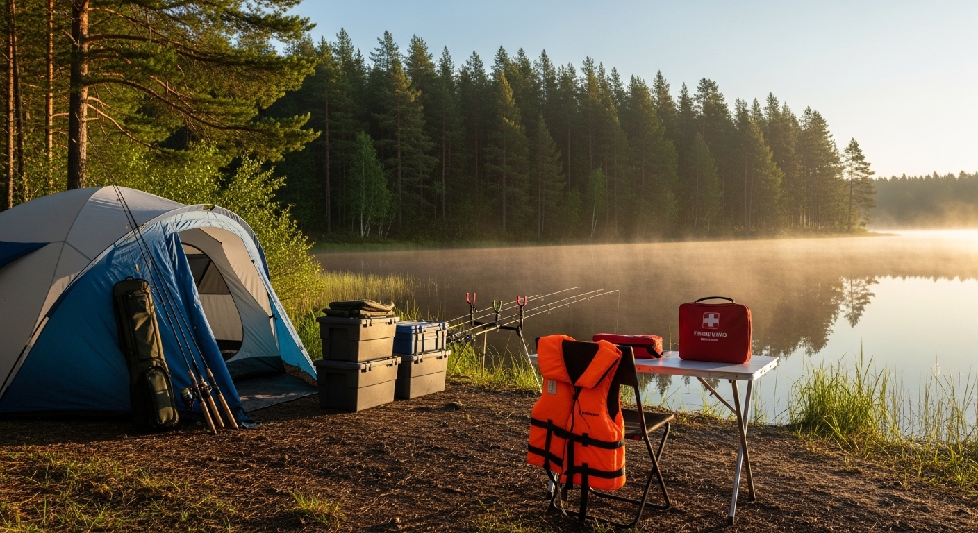 freshwater camping safety essentials organized at a lakeside fishing campsite