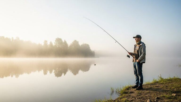 Beginner fishing mistakes often start with poor positioning, shown by a lone angler standing quietly on a foggy lakeshore with a rod held still and no visible line tension.