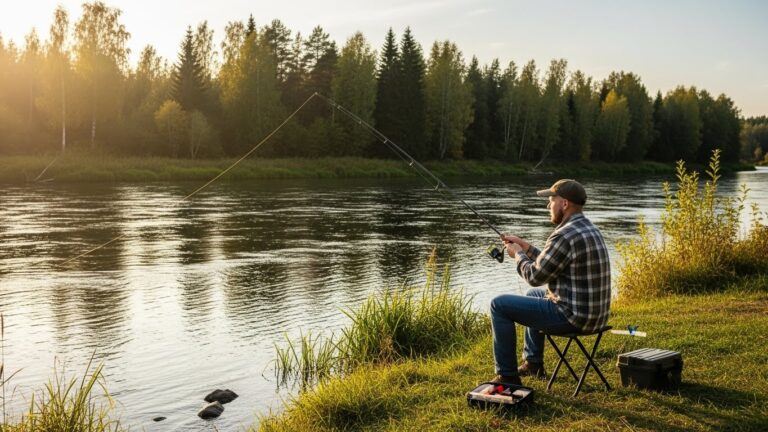 A man fishing from a riverbank at sunset, seated on a small stool while using a spinning rod and reel, illustrating proper setup and technique to reduce spinning reel line twist during freshwater fishing.