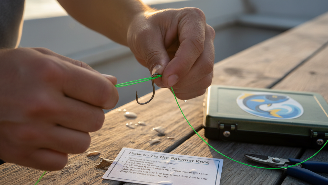image showing someone learning how to tie a palomar knot