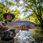 A person showing off a freshly caught rainbow trout just out of the water.