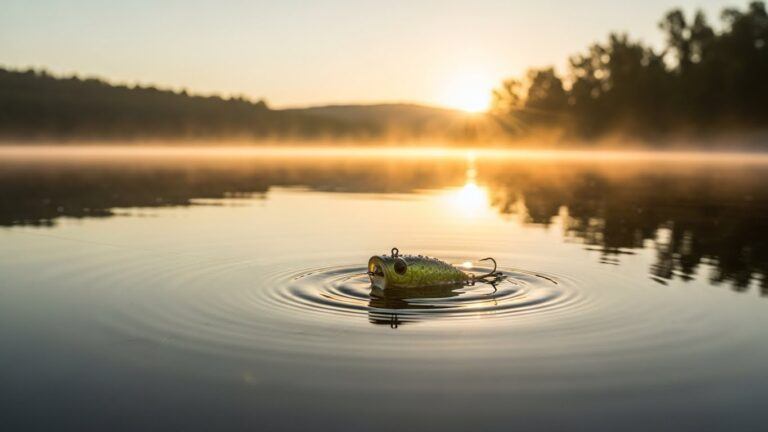 Topwater lure sitting on calm water during early morning fishing conditions