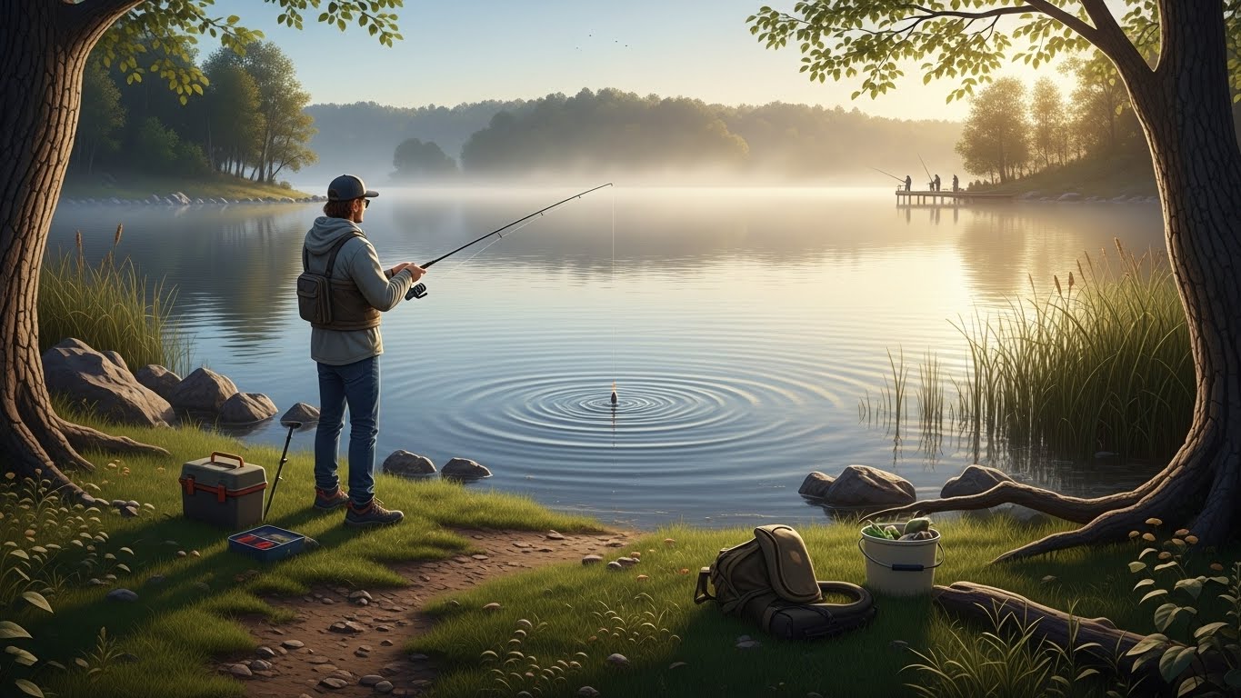Person fishing from a grassy lakeshore at sunrise, casting a line toward calm water, showing where you can fish without a boat as a relaxed beginner-friendly scene.