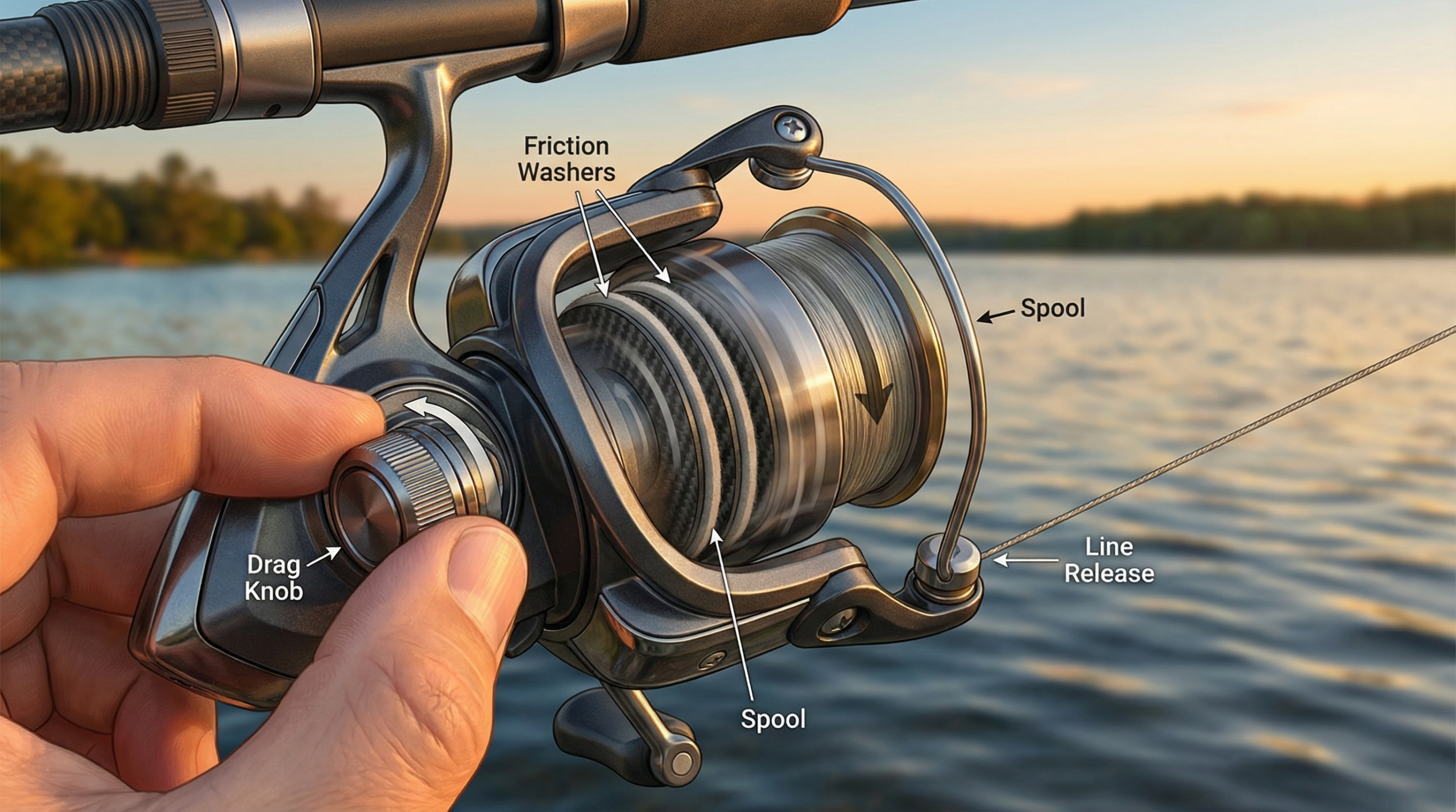 Detailed cutaway view of a spinning reel drag system showing internal friction washers and drag knob adjustment, illustrating how spinning reel drag systems work.