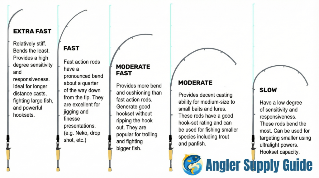 Diagram showing fishing rod action types—extra fast, fast, moderate fast, moderate, and slow—illustrated by how much each rod bends under load, with brief explanations of sensitivity, casting style, and ideal use cases.