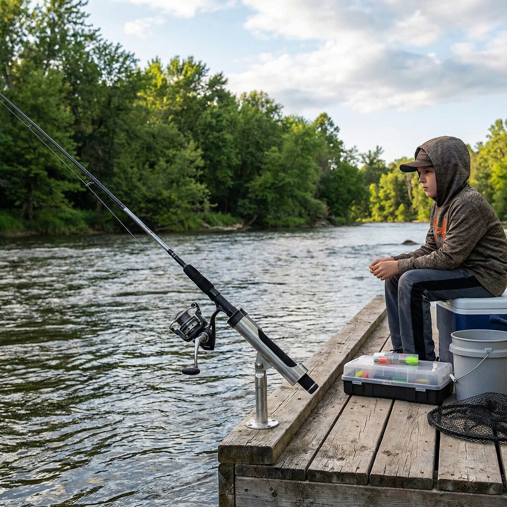 PENN Pursuit III & Pursuit IV Spinning Reel and Fishing Rod Combo with a young kid standing by