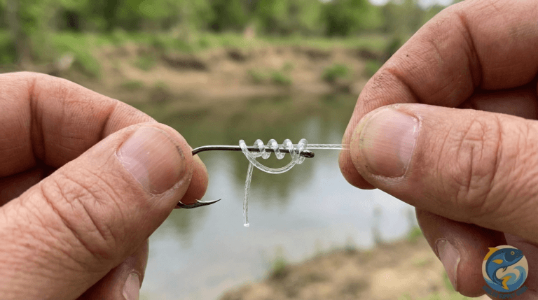 Improved Clinch Knot tied on a fishing hook using monofilament line, showing clean wraps and proper knot structure