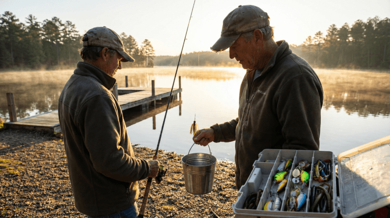 Angler choosing between live bait and artificial lures at a lakeshore