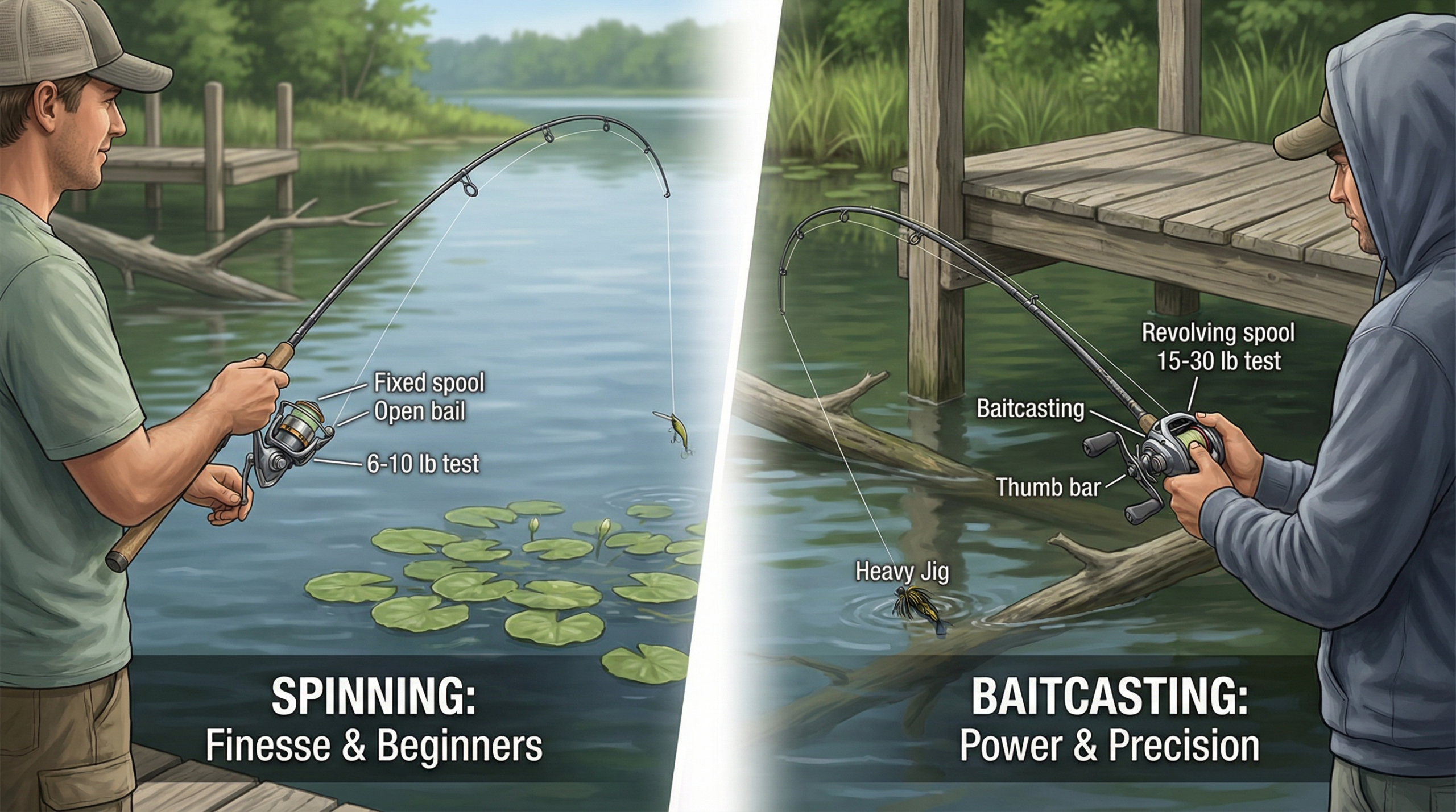 Side-by-side comparison of spinning vs baitcasting reels in action, showing finesse casting vs heavy cover power to illustrate when switching reels makes sense.