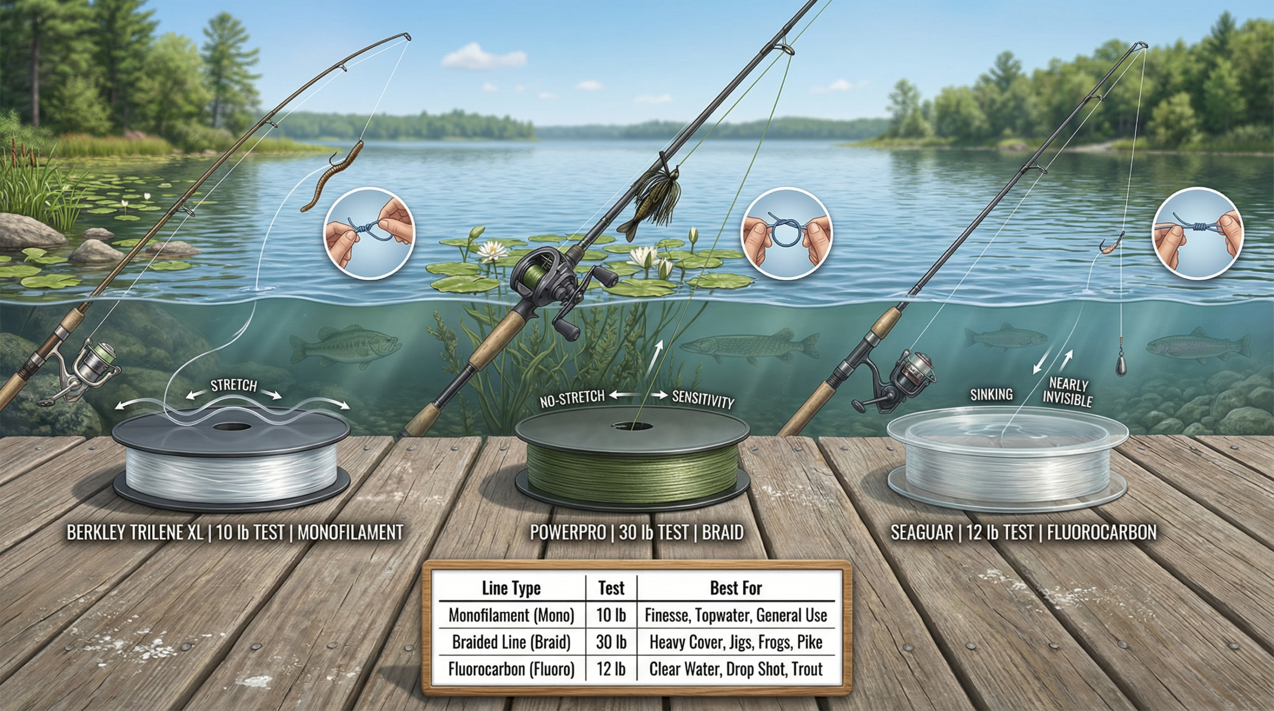 Three fishing line spools (mono, braid, fluorocarbon) with rigs in action, illustrating best beginner line choices for different species and conditions.