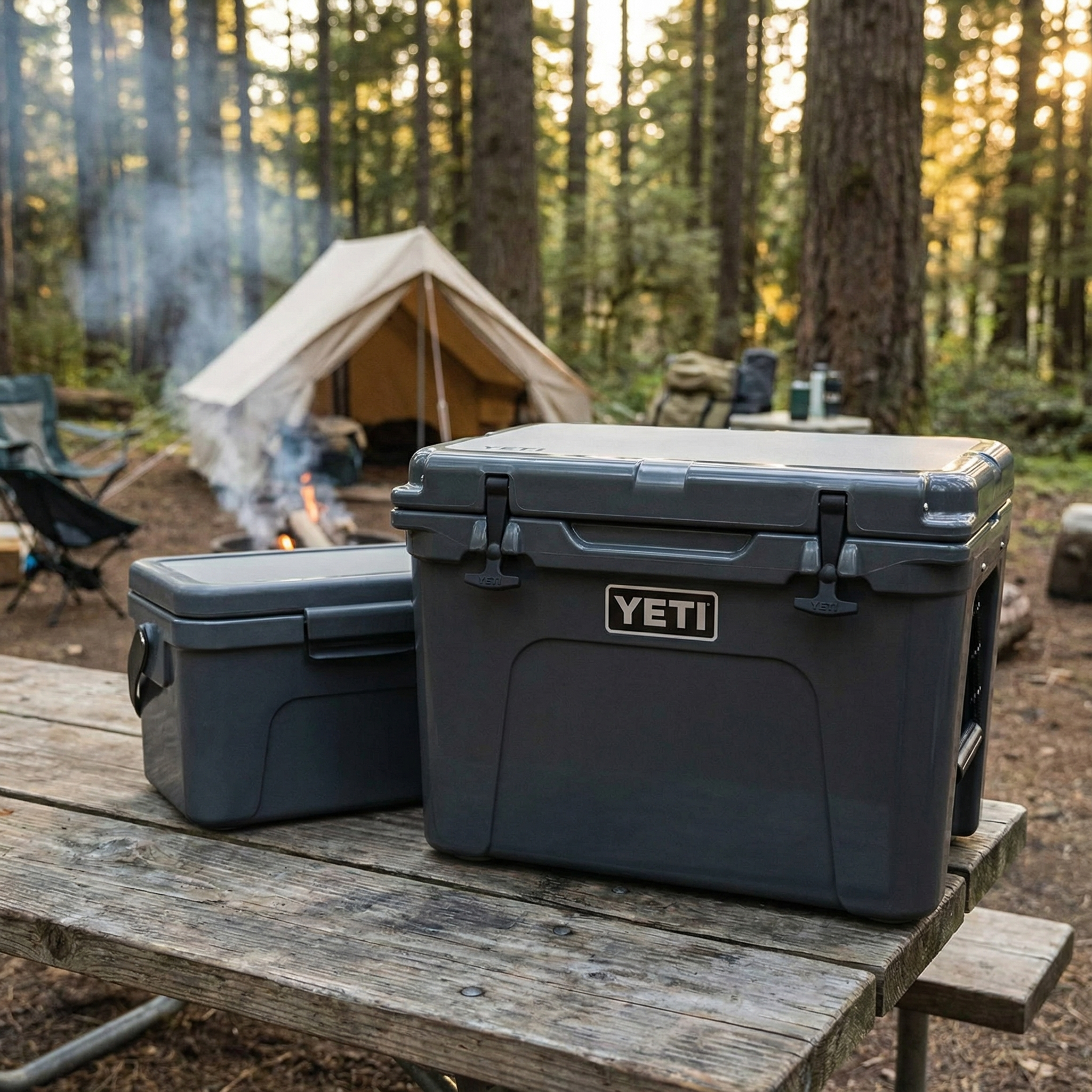 Two hard-sided YETI coolers on a weathered picnic table at a forest campsite, with a canvas tent and small campfire in the background.