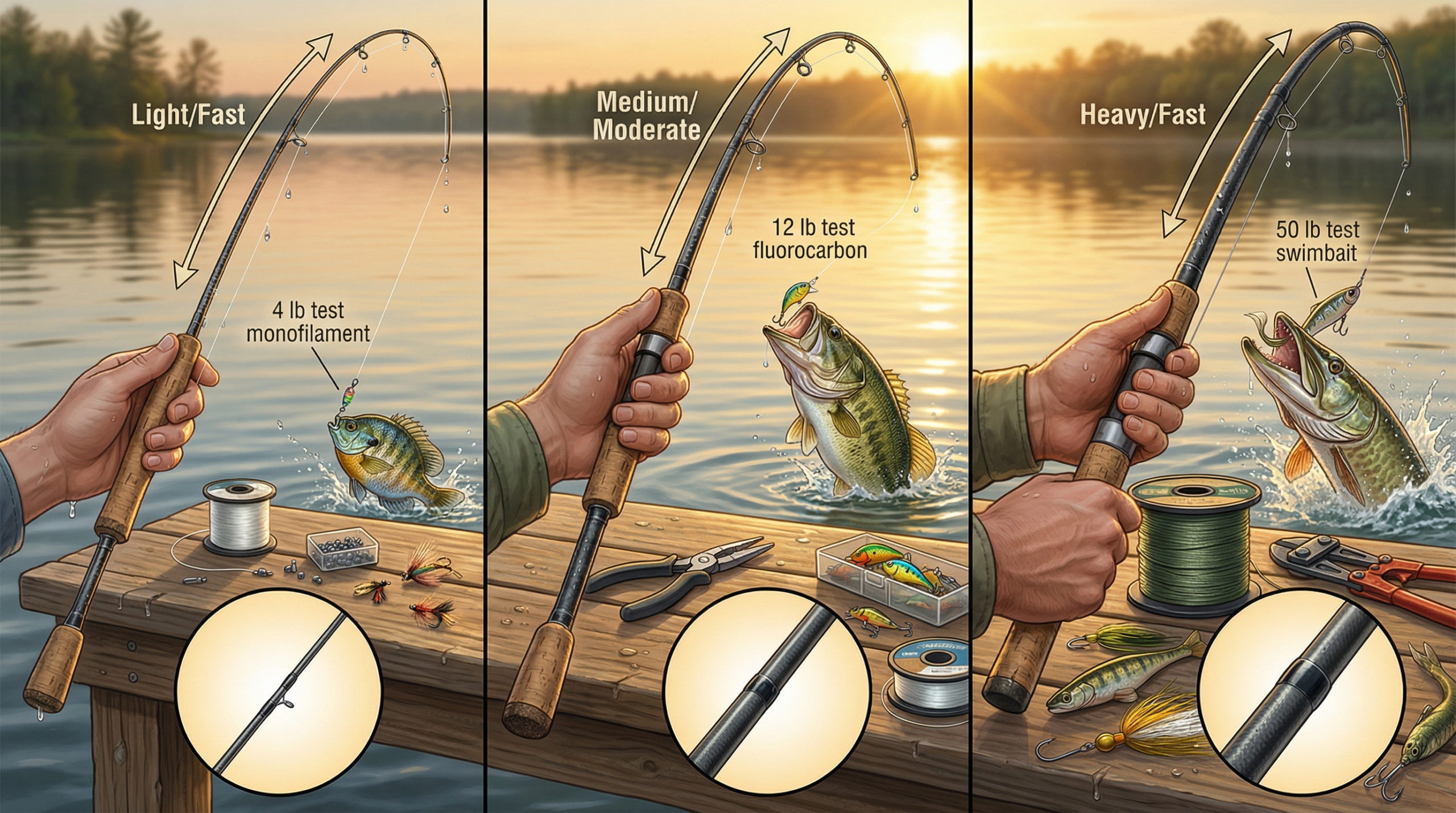 Three fishing rods showing different power and action ratings bending under fish-fighting tension, illustrating rod power and action differences clearly.