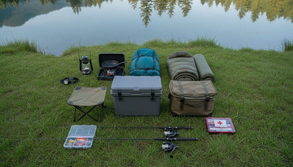 Flat lay of camping essentials for anglers including tent, sleeping system, coolers, stove, lighting, and tackle for overnight freshwater fishing.

