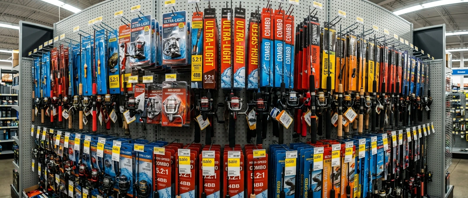 A wall of spinning rod and reel combos hanging in a big box store, bright packaging with bold numbers and words like 'ultra-light' and 'high-speed', overwhelming shelves under fluorescent light.