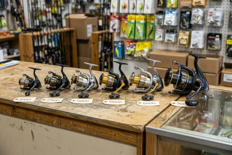A lineup of spinning reels in increasing sizes from small to large on a tackle shop counter, each labeled with its size number, showing the visible difference in spool and body size.
