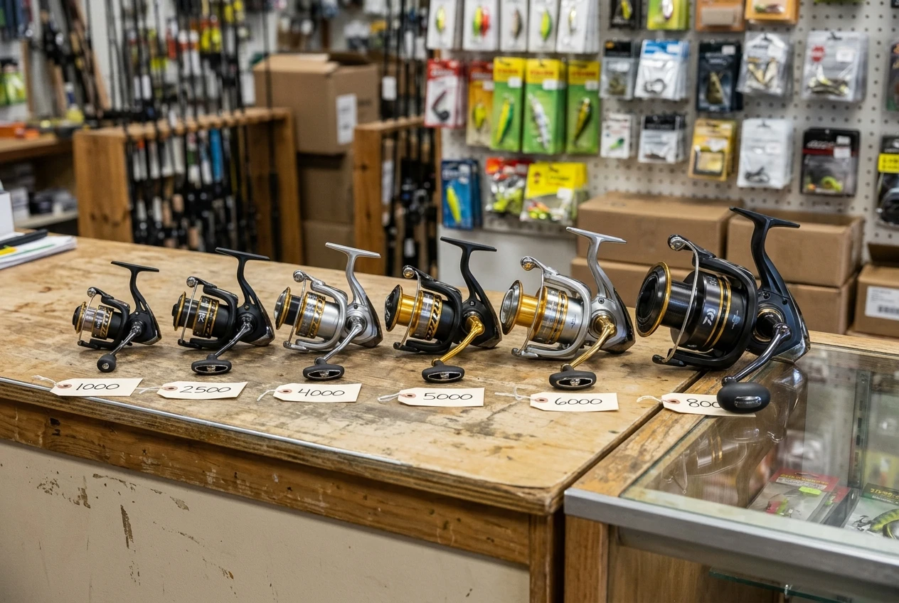 A lineup of spinning reels in increasing sizes from small to large on a tackle shop counter, each labeled with its size number, showing the visible difference in spool and body size.