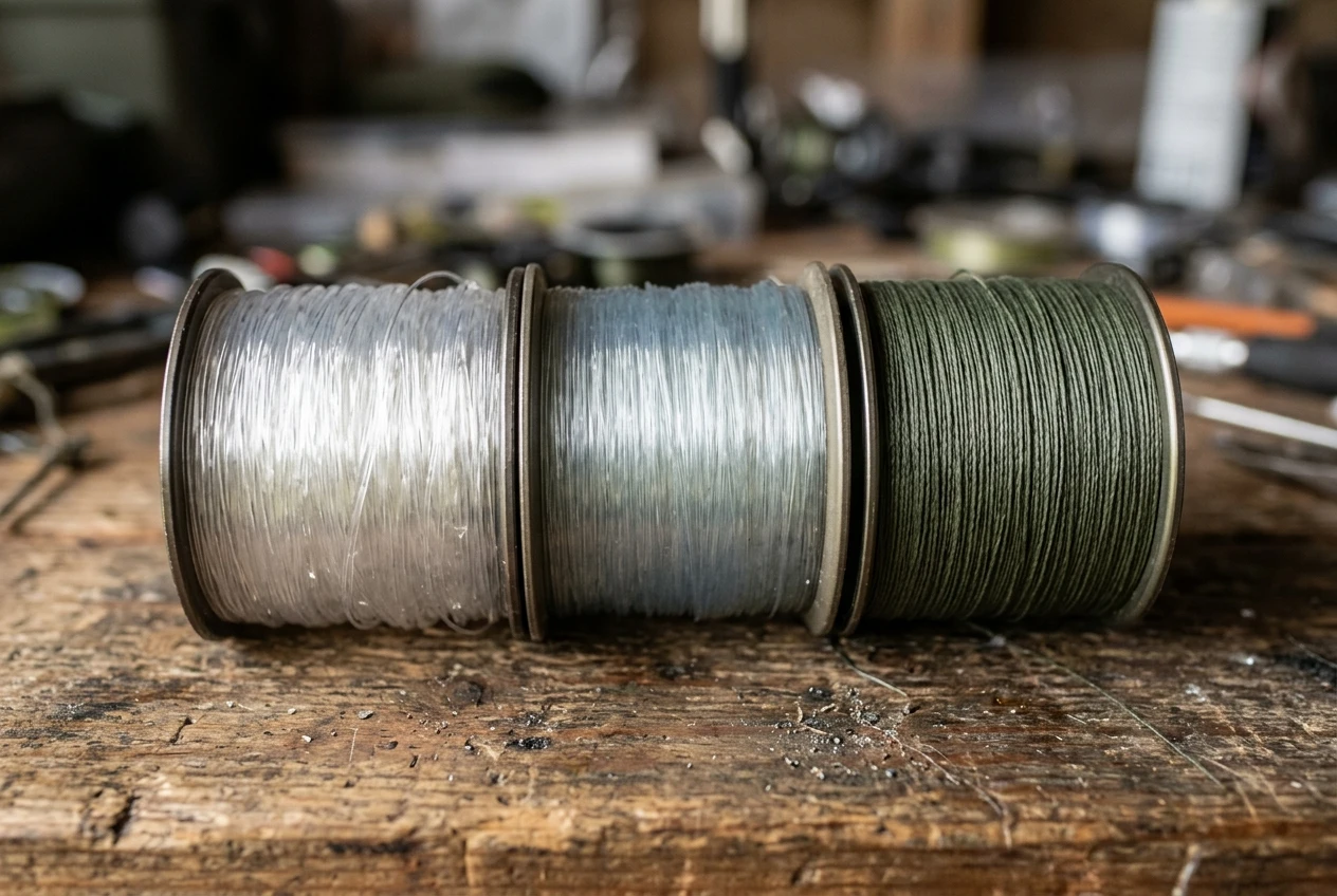 Three filled reel spools side by side, one wound with clear monofilament, one with slightly tinted fluorocarbon, and one with thin green braided line, close-up on a tackle bench.