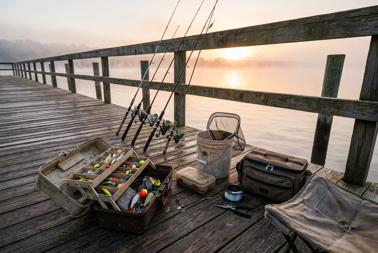 A pier in the early morning light with fishing rods, lures, bait and tackle ready to go fishing