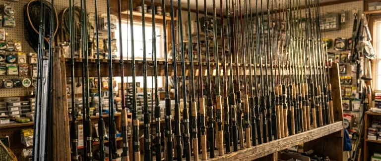 A wall of fishing rods lined up in a tackle shop, their blanks catching afternoon light through a window, rods in several subtle colors and thicknesses standing side by side in a rack.
