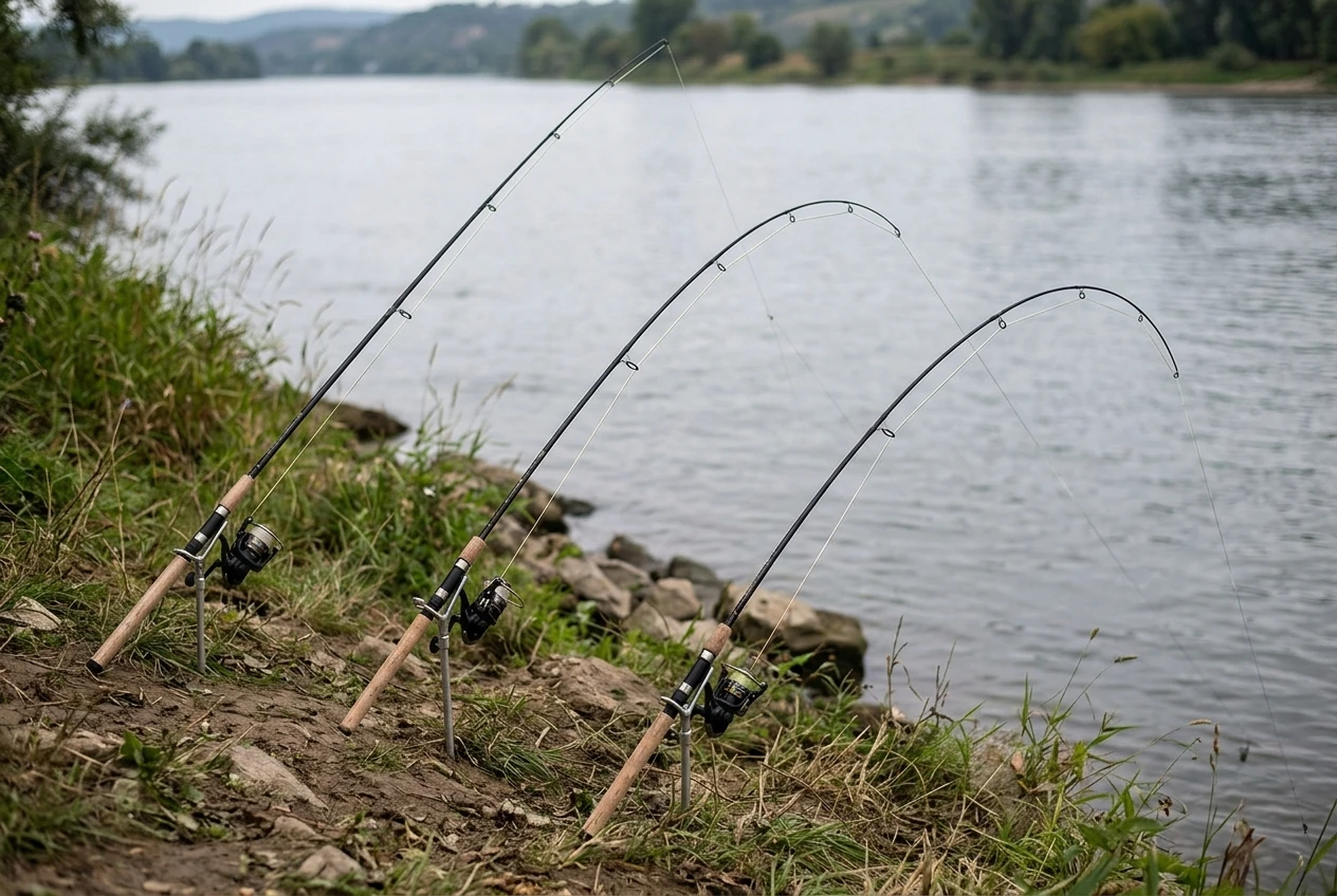 Three fishing rods shown side by side outdoors, each bent to a different degree under a taut fishing line, one curved gently, one moderately arched, and one nearly straight with only a slight tip bend, demonstrating light, medium, and heavy power.