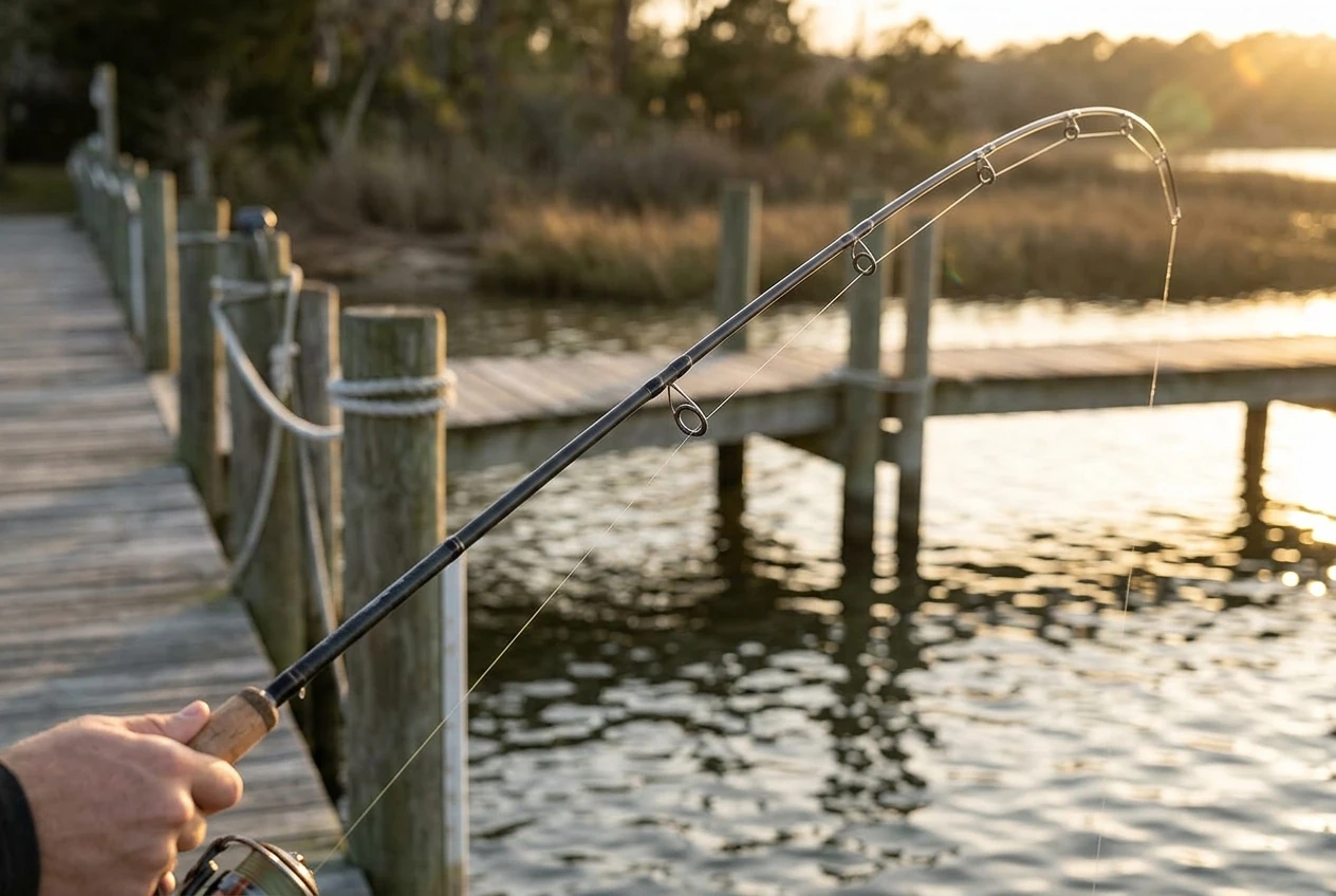 Close-up of a fishing rod flexed outdoors near a dock at golden hour, the bend concentrated sharply near the tip with the rest of the rod staying straight, illustrating a fast-action curve.