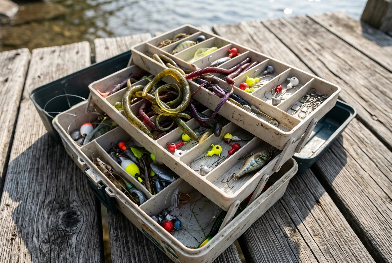An open tackle box on a wooden dock in natural daylight, holding a scattered mix of soft plastic worms, jig heads, and a treble-hooked crankbait, showing the different lure types mentioned in the text.