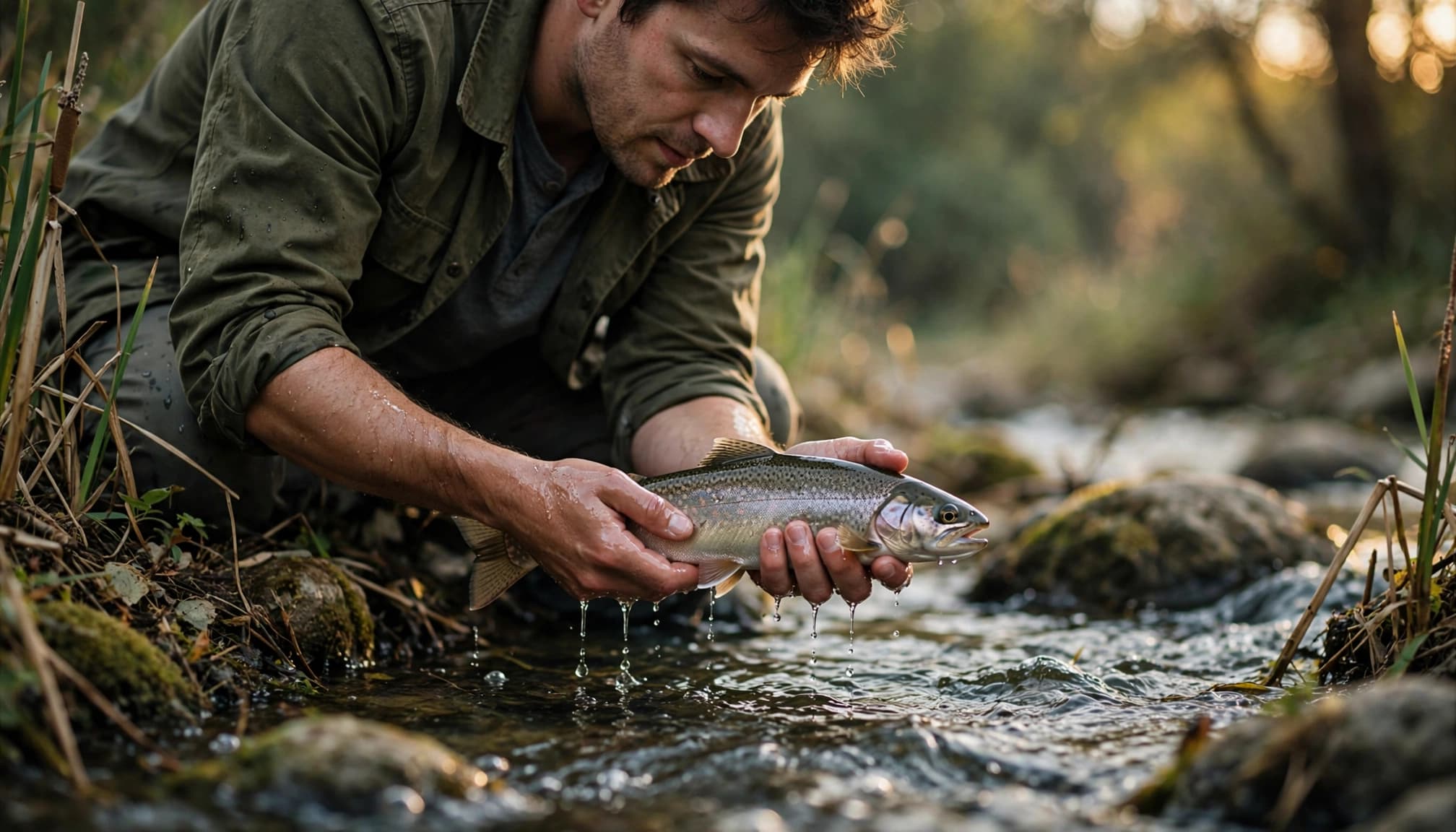An angler gently releases a trout back into a clear river, holding the fish horizontally above the water.